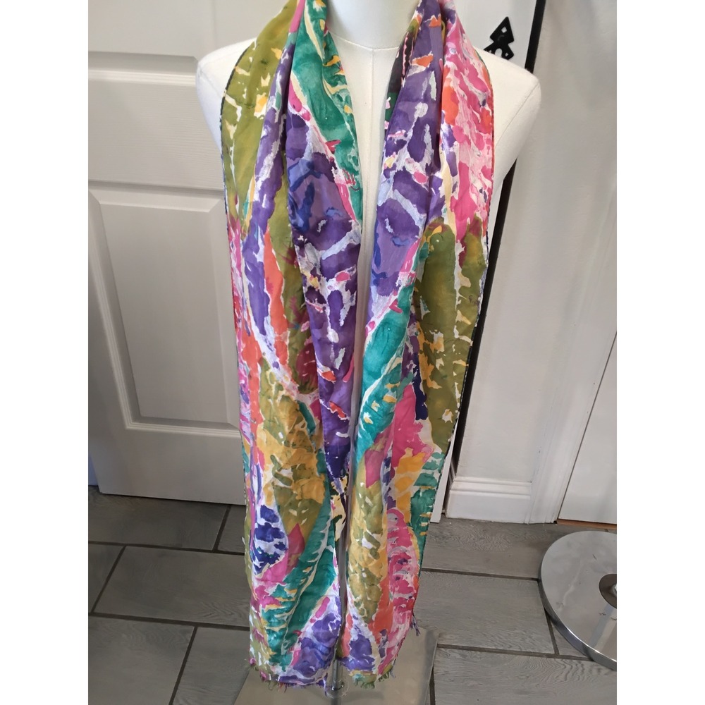 Compagnie Internationale EXPRESS 100% Silk Scarf Abstract Watercolor Fringe 80in